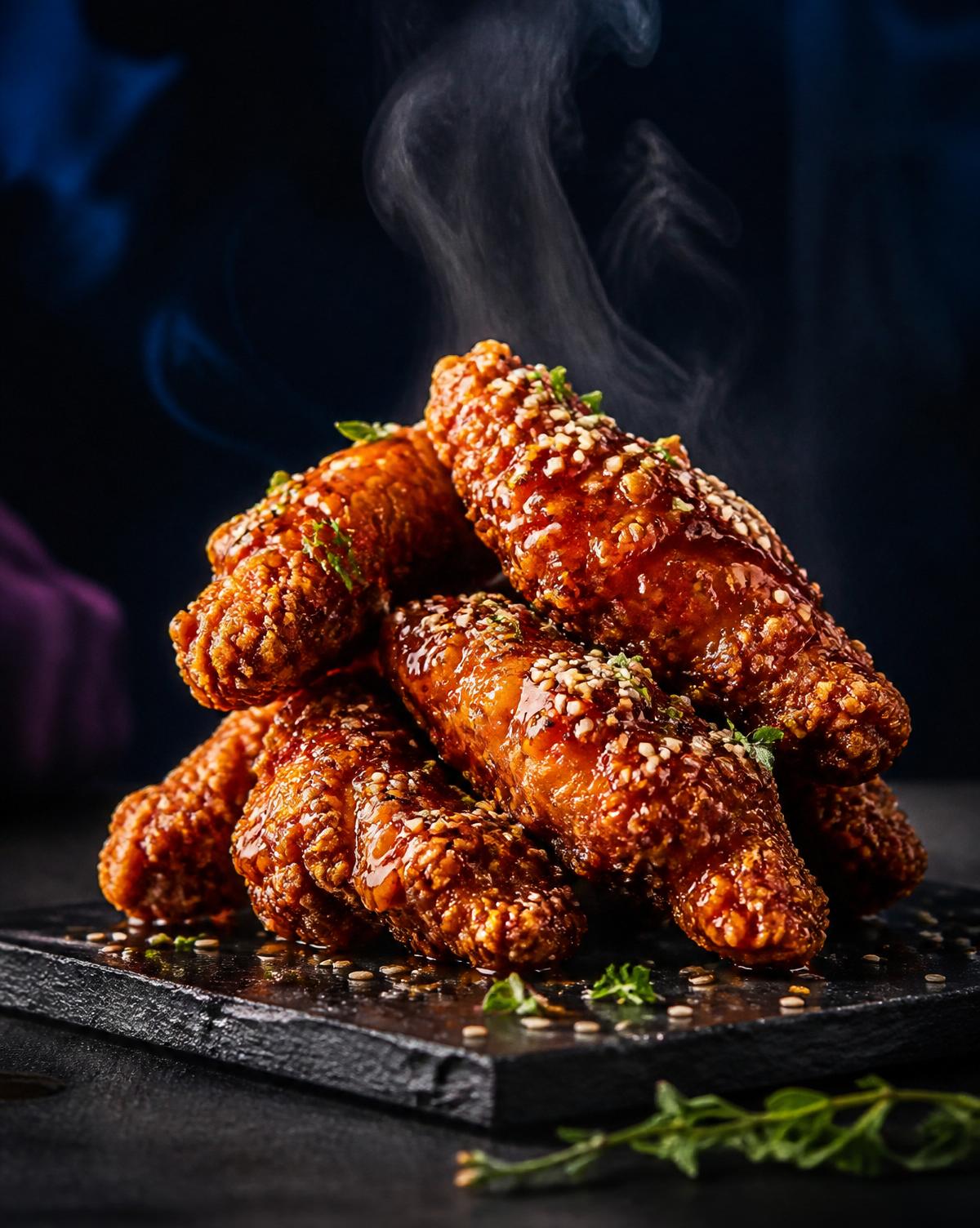 Arlo Nashville hot honey chicken tenders with rising steam on slate